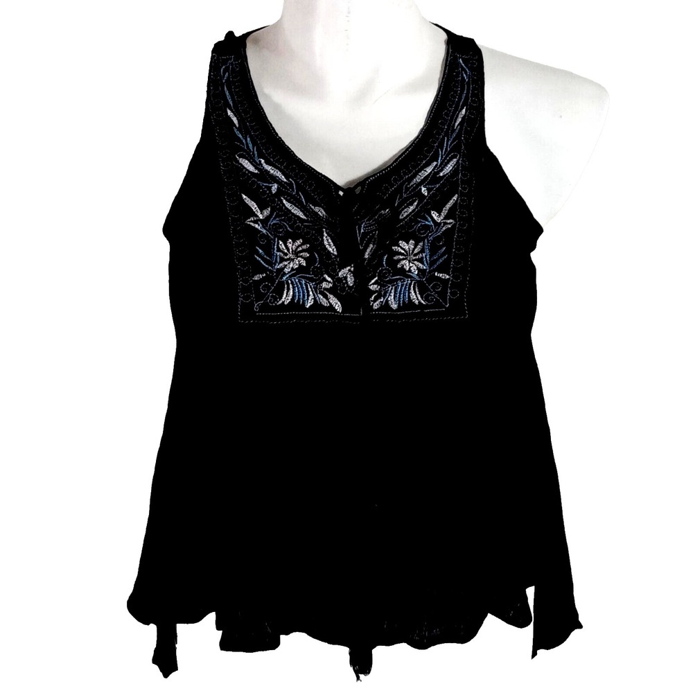 VOG Swing Top LARGE Black Embroider Blouse Flowy Sleeveless String Tie Tassel